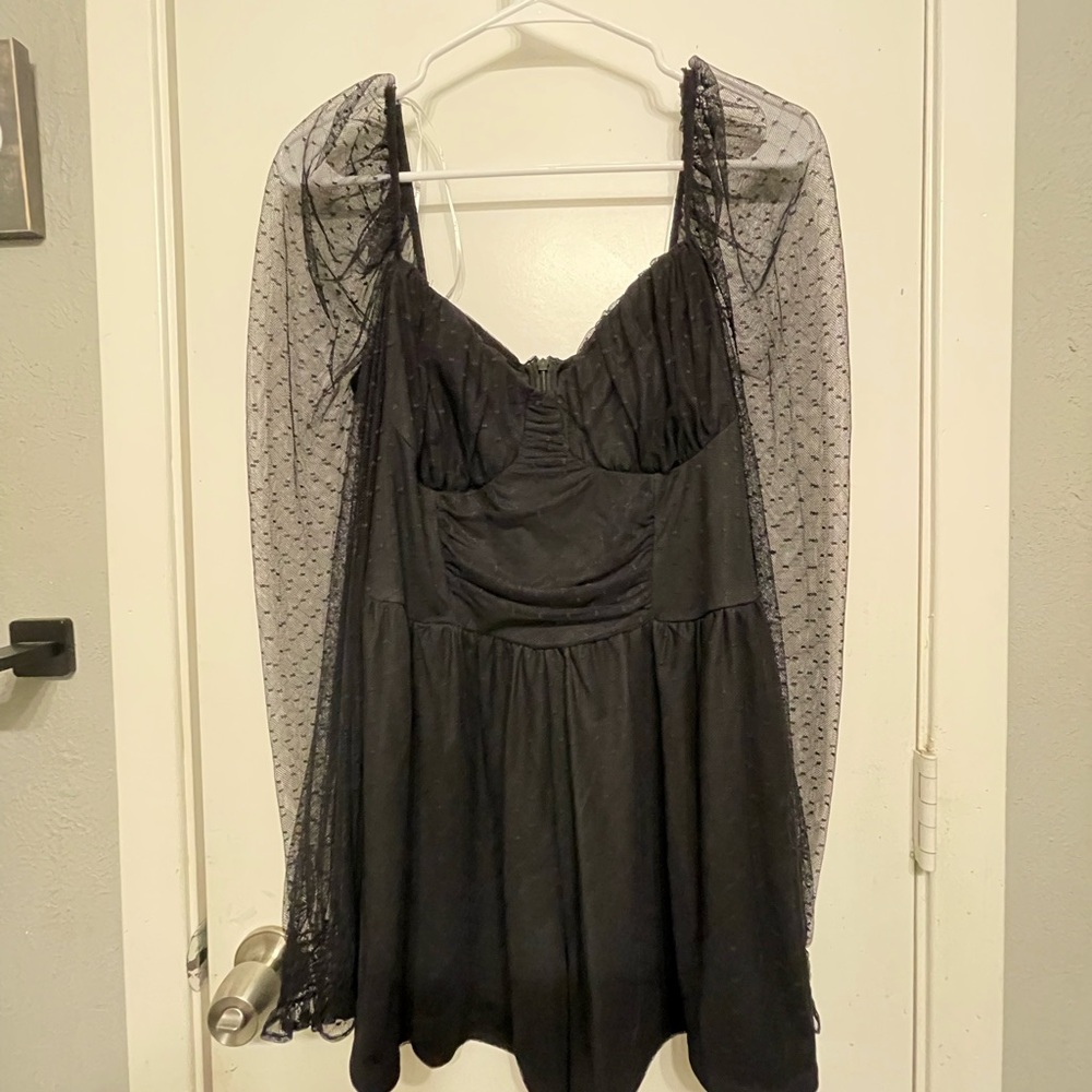 NWT Lulu’s romper with sheer, polka-dotted long sleeves black size small
